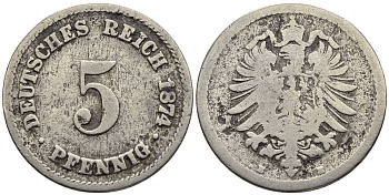 ГЕРМАНИЯ 5 ПФЕННИГОВ 1874 B, СТАРОГЕРБОВКА KM 3, Jager 3, Weege 5 медно-никель 4546-1023