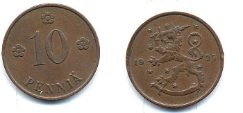 Финляндия 10 пенни 1937 KM 24 медь 51-5623