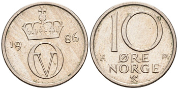 Норвегия 10 эре 1986 Улаф V (1958-1991) KM 416 медно-никель 4585-819