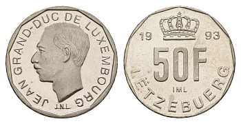 Люксембург 50 франков 1993 Великий герцог Жан (1964-2000), тираж 10.000 экземпляров KM 66 никель BU 4178-751