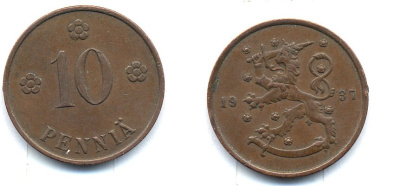 Финляндия 10 пенни 1937 KM 24 медь 51-5623