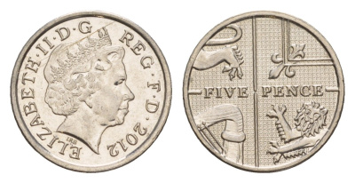 Великобритания 5 пенсов 2012 Елизавета II (1952-2022) KM 1109d, Spink 4671 (D7) сталь плакированная никелем 4178-138