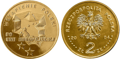 Польша 2 злотых 2004 MW, вступление Польши в Европейский союз KM 481 нордик UNC 4676-131