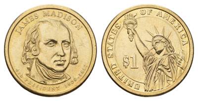 США 1 доллар 2007 D, серия президенты США, Джеймс Мэдисон (1809-1817) KM 404 медь с марганцево-латунным покрытием UNC 4624-156