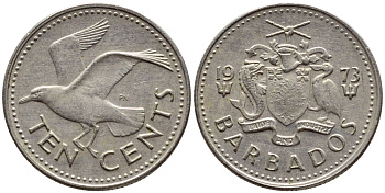 Барбадос 10 центов 1979 смеющаяся (Ацтекская) чайка KM 12 медно-никель 4396-1167