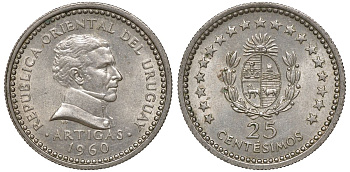 Уругвай 25 сентесимо 1960 KM 40 медно-никель 4169-917