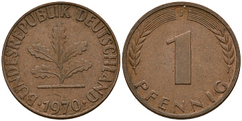 ФРГ 1 пфенниг 1970 J KM 105, J. 380 сталь плакированная медью    4598-449