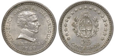 Уругвай 25 сентесимо 1960 KM 40 медно-никель 4169-917