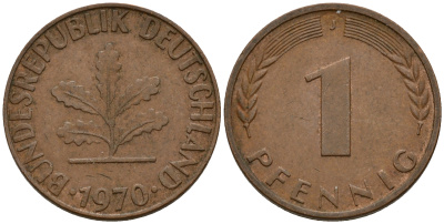 ФРГ 1 пфенниг 1970 J KM 105, J. 380 сталь плакированная медью    4598-449