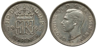 Великобритания 6 пенсов 1943 Георг VI (1936-1952) KM 852, Spink 4084 серебро 1518-232
