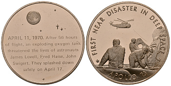 США МЕДАЛЬ ND ПЕРВАЯ ПРЕДКАТАСТРОФА В КОСМОСЕ, АПОЛЛОН 13, 39 мм, 24,3 гр Латунь PROOF 05-122-22