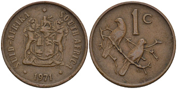ЮАР 1 цент 1971 герб, капские воробьи KM 82 бронза 66-252