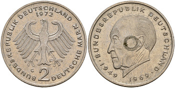 ФРГ 2 марки 1972 G, Конрад Аденауэр KM 124, J. 406 медно-никель плакированный никелем 4159-1221