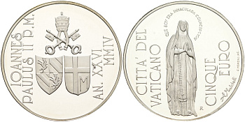 Ватикан 5 евро 2004 Иоанн Павел II, 150 лет провозглашения догмата о непорочном зачатии, в оригинальной коробке, с сертификатом KM 359 серебро  PROOF  7-1-47