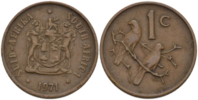 ЮАР 1 цент 1971 герб, капские воробьи KM 82 бронза 66-252