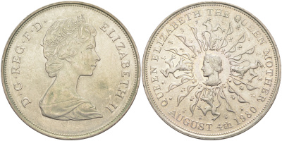 Великобритания 25 пенсов 1980 80 лет королеве Елизавете-королеве матери, Елизавета II (1952-2022) KM 921, Spink 2228 медно-никель 4552-513