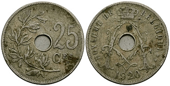 Бельгия 25 сантимов 1920 Belgique KM 68 медно-никель 4168-1221