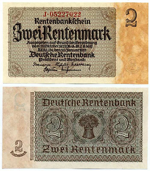 ГЕРМАНИЯ 2 РЕНТЕНМАРКИ 1937 30 ЯНВАРЯ 1937, ВЕЙМАРСКАЯ РЕСПУБЛИКА, ВОСЕМЬ ЦИФР В НОМЕРЕ СЕРИИ, СЕРИЯ J, ДРУГИЕ БУКВЫ И ЦИФРЫ Pick 174b, Rosenberg 167c бумага аUNC 8613-11-2-2