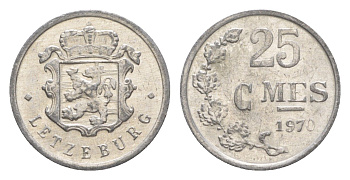 Люксембург 25 сантимов 1970 Герцог Жан (1964-1999) KM 45a алюминий 4649-668