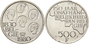 Бельгия 500 франков 1980 150 лет независимости, BELGI?, Бодуэн I (1951-1993) KM 162, LA BFM-215, Mor 801, Schoen129 медно-никель плакированный серебром 4552-821