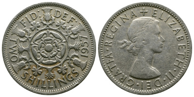 Великобритания 2 шиллинга (флорин) 1957 Елизавета II (1952-2022) KM 906, Spink 4146 медно-никель 4382-132
