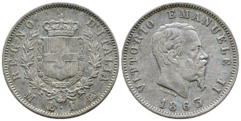 Италия 1 лира 1863 M-BN, Виктор Эммануил II KM 5a.1 серебро 51-432