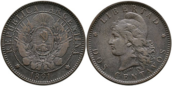 Аргентина 2 сентаво 1891 голова свободы влево KM 8 бронза 4531-1021