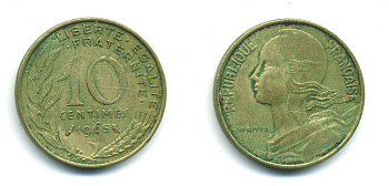 ФРАНЦИЯ 10 САНТИМОВ 1965 ТИП MARIANNE KM 929 медь алюминий никель 84-1611