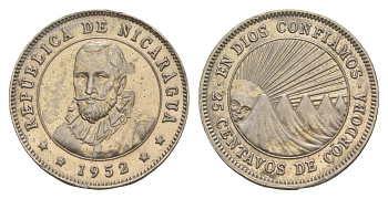 Никарагуа 25 сентаво 1952 KM 18.1 медно-никель aUNC 1528-1332