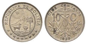 Боливия 10 сентаво 1939 KM 179 медно-никель aUNC 4659-1253