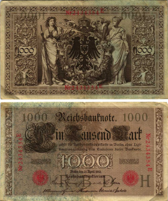 ГЕРМАНИЯ 1000 МАРОК 1910 21 АПРЕЛЯ 1910, СЕМИЗНАЧНЫЙ НОМЕР, СЕРИЯ Е Pick 44b бумага 8610-7-1