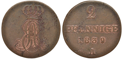 Ганновер 2 пфеннига 1839 A, Эрнст Август (1837-1851) KM 174.1, AKS 122, J. 55 медь 75-1713