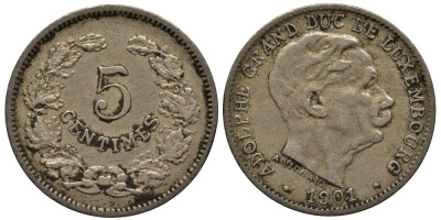 Люксембург 5 сантимов 1901 герцог Адольф (1890-1905) KM 24 медно-никель 4528-266