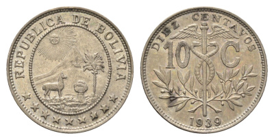 Боливия 10 сентаво 1939 KM 179 медно-никель aUNC 4659-1253