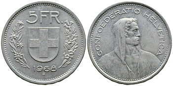 Швейцария 5 франков 1968 В, первый год KM 40а.1 медно-никель 4110-1223