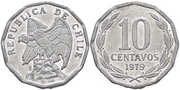 Чили 10 сентаво 1979 KM 205a алюминий 4402-443