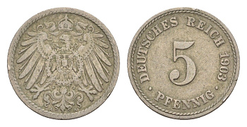 Германия 5 пфеннигов 1903 A, Вильгельм II (1888-1918) KM 11, J. 12 медно-никель 4647-859