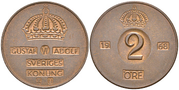 Швеция 2 эре 1968 U, Густав VI Адольф (1950-1973) KM 821 бронза 98-126