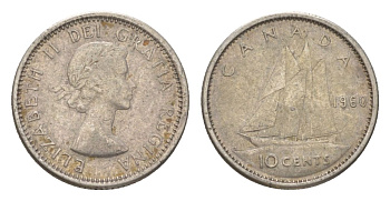 Канада 10 центов 1960 Елизавета II (1952-2022), парусник KM 51 серебро 4623-924