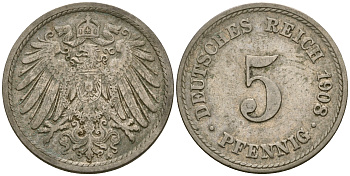 Германия 5 пфеннигов 1908 A KM 11, Jager 12, Weege 6 медно-никель 4364-4543