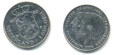 Нидерланды 1 гульден 1980 на коронацию Беатрикс, 30 апреля 1980 KM 200 никель 84-1013