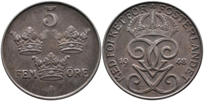 Швеция 5 эре 1948 Густав V (1907-1950) KM 812 железо 4389-135