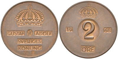Швеция 2 эре 1968 U, Густав VI Адольф (1950-1973) KM 821 бронза 98-126