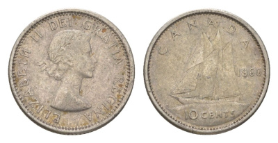 Канада 10 центов 1960 Елизавета II (1952-2022), парусник KM 51 серебро 4623-924