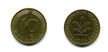 ФРГ 10 ПФЕННИГОВ 1995 F KM 108, J.383 сталь плакированная латунью 83-1954