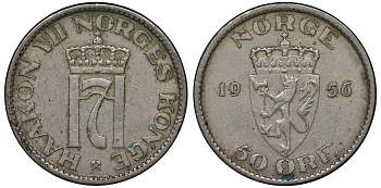 Норвегия 50 эре 1956 Хокон VII (1905-1957) KM 402 медно-никель 4128-1125