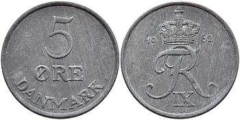 ДАНИЯ 5 ЭРЕ 1962 C; S, ФРЕДЕРИК IX (1947-1972) KM 843.2 цинк UNC 51-4331