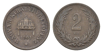 Венгрия 2 филлера 1901 KB, Франц Иосиф I (1848-1916) KM 481 бронза 4665-415