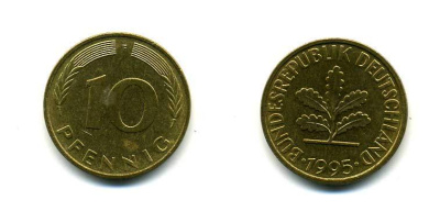 ФРГ 10 ПФЕННИГОВ 1995 F KM 108, J.383 сталь плакированная латунью 83-1954
