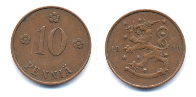 Финляндия 10 пенни 1929 республика (1918-1962) KM 24 медь 46-1645